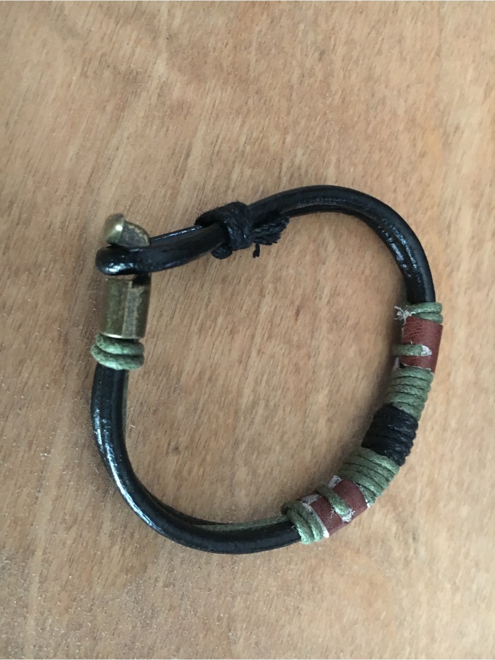 Men's Black Leather and Green Cord Bracelet - Casual Wrap Accent